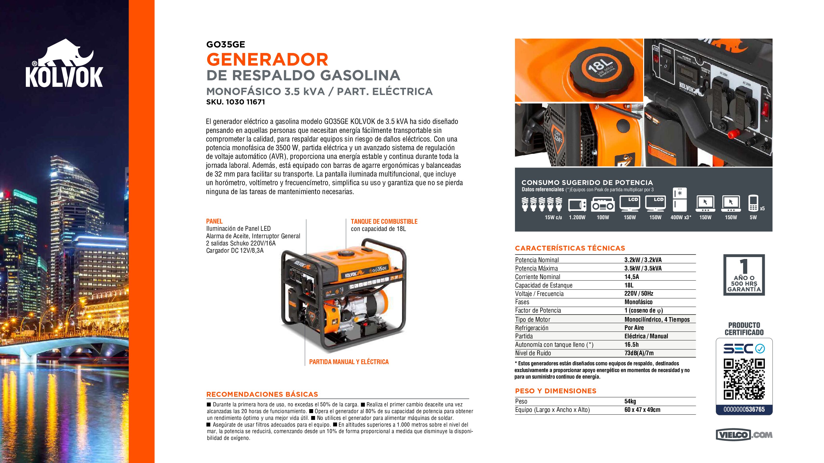 Generador Eléctrico 3.5 kVA KOLVOK (Gasolina) - Imagen 6